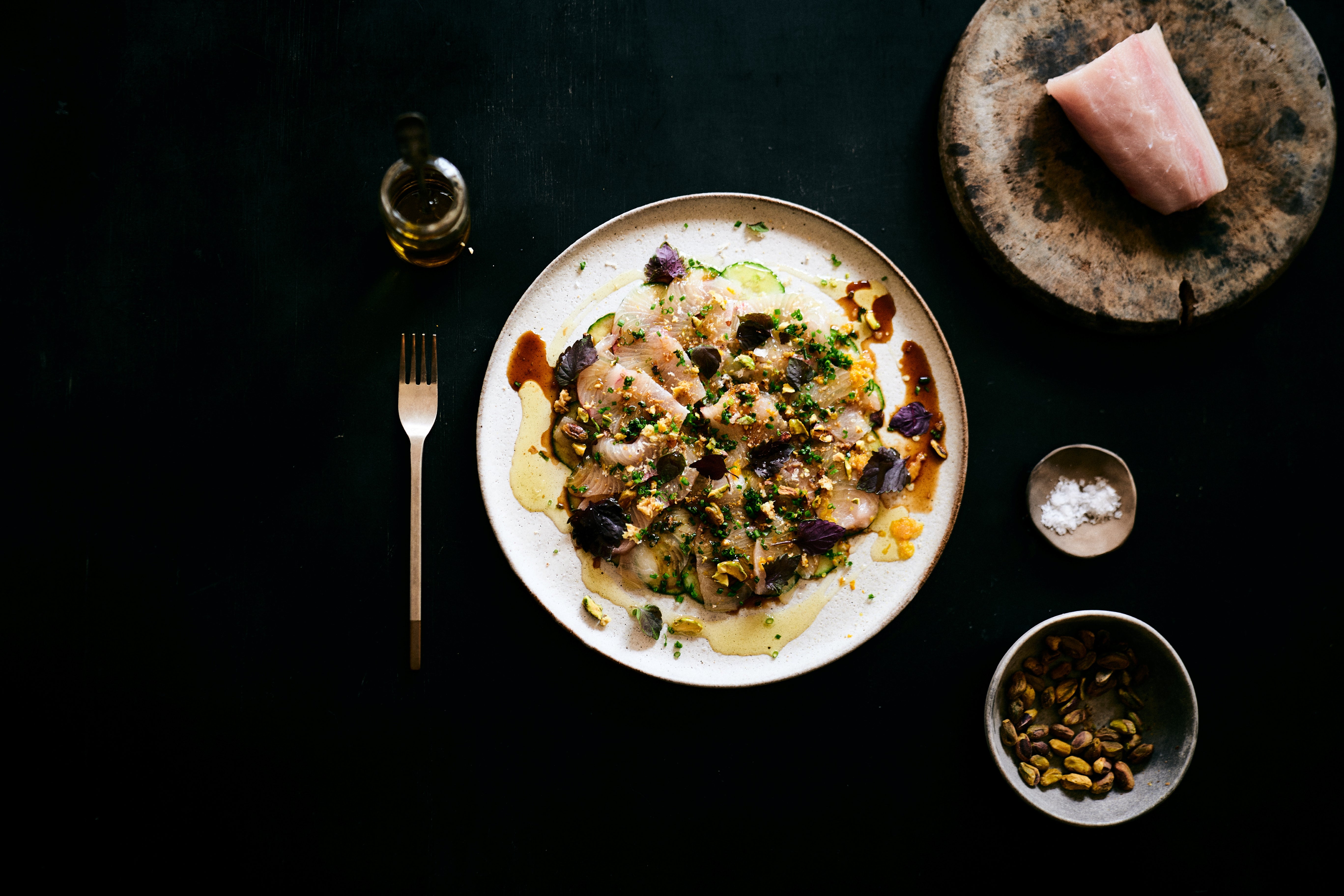 Carpaccio of Hiramasa Kingfish with Horseradish and Pistachio – Rio Vista Olives
