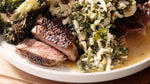 Grilled Scotch Fillet Steak with Braised Greens with Boiled Egg and Parsley Salsa