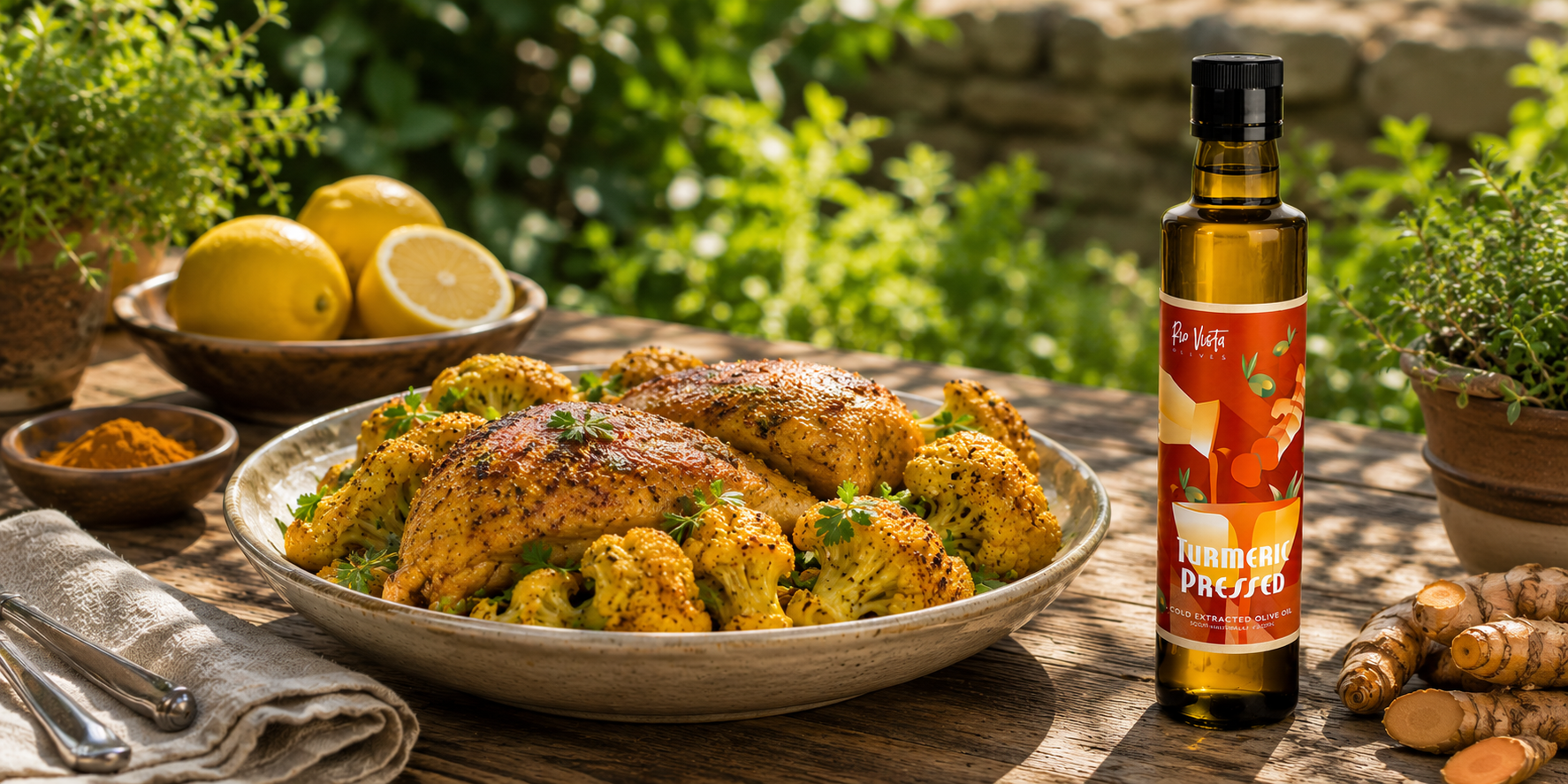 Bottle of 'Turmeric Pressed' olive oil next to a bowl of roasted vegetables outdoors.